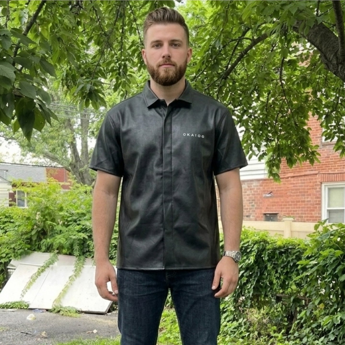 OKAIGO FAUX LEATHER BUTTON UP SHIRT
