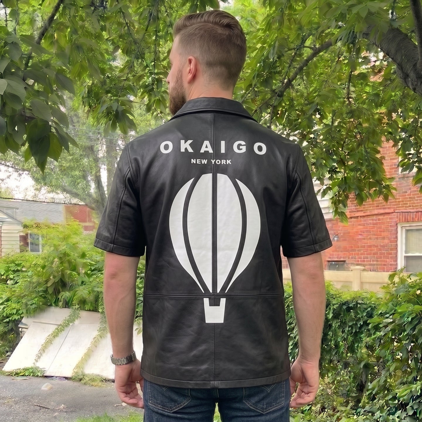 OKAIGO FAUX LEATHER BUTTON UP SHIRT