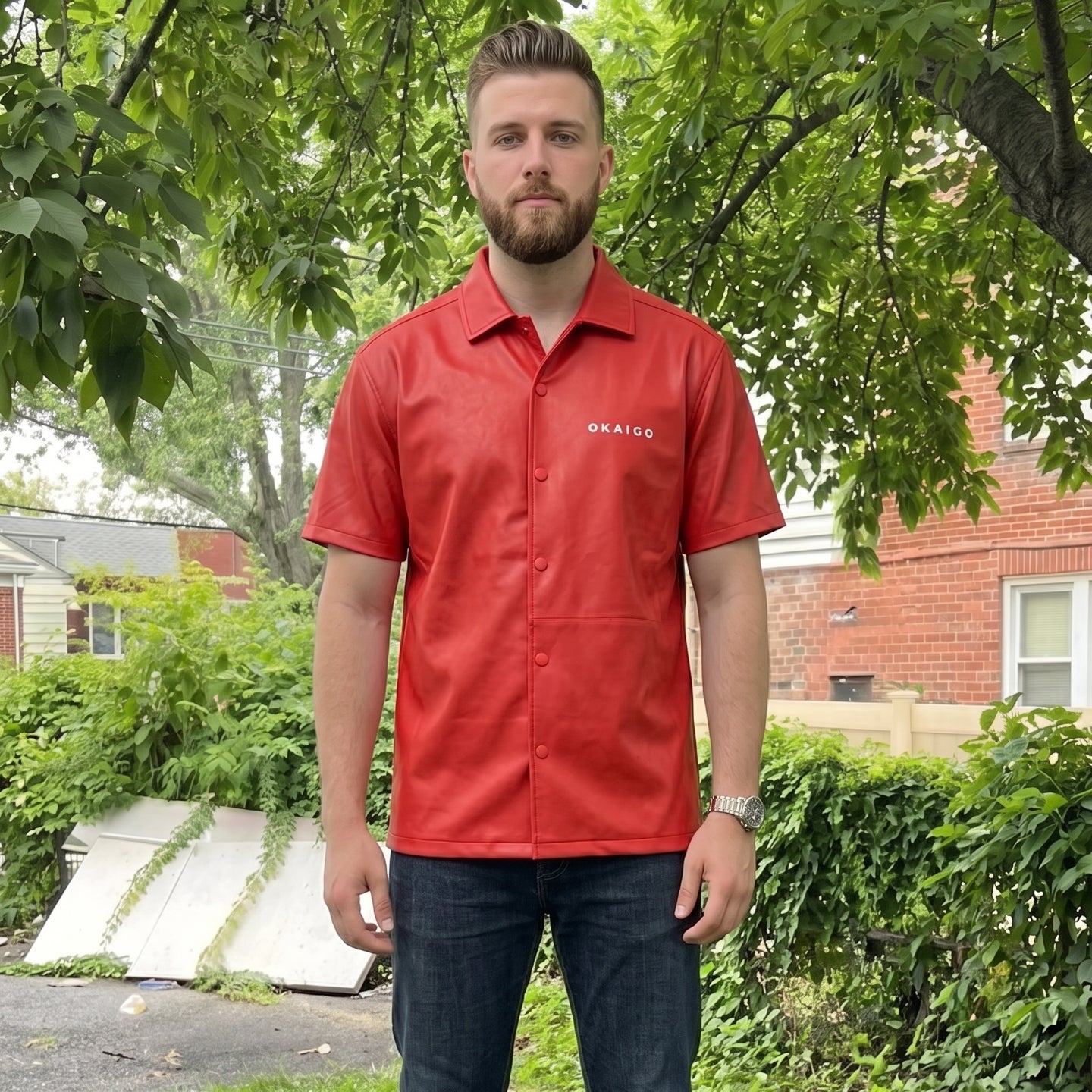 RED FAUX LEATHER BOXY SHIRT