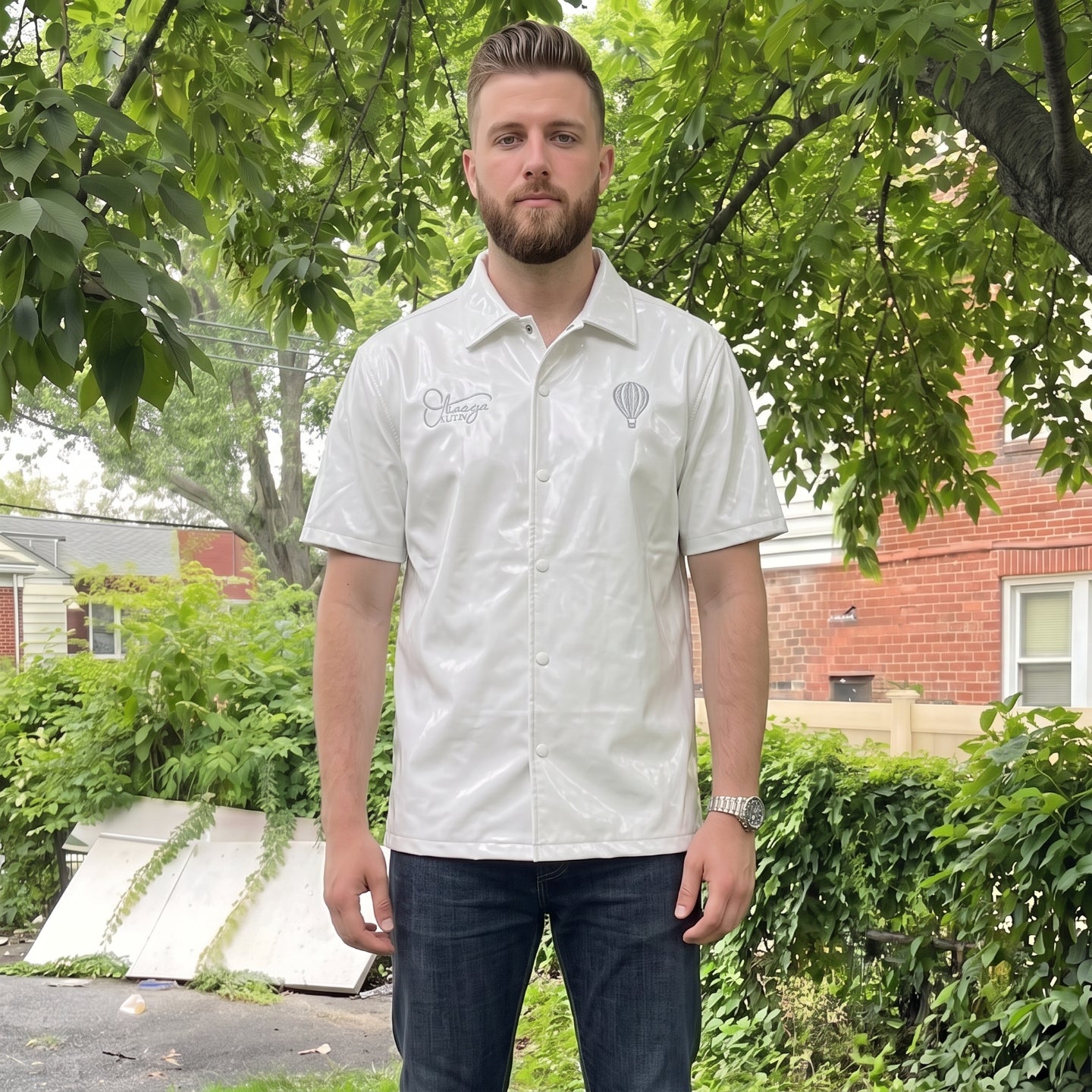 Embroidered Faux Leather Button Up Shirts