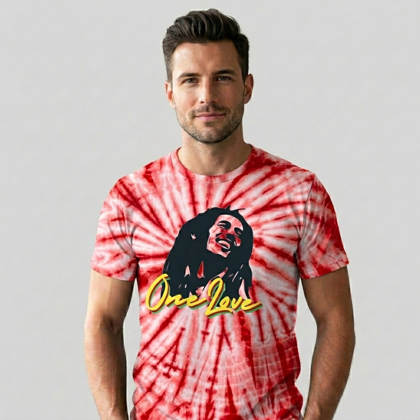 Tie Dye Bob Marley Short Sleeve Shirt - Red and White