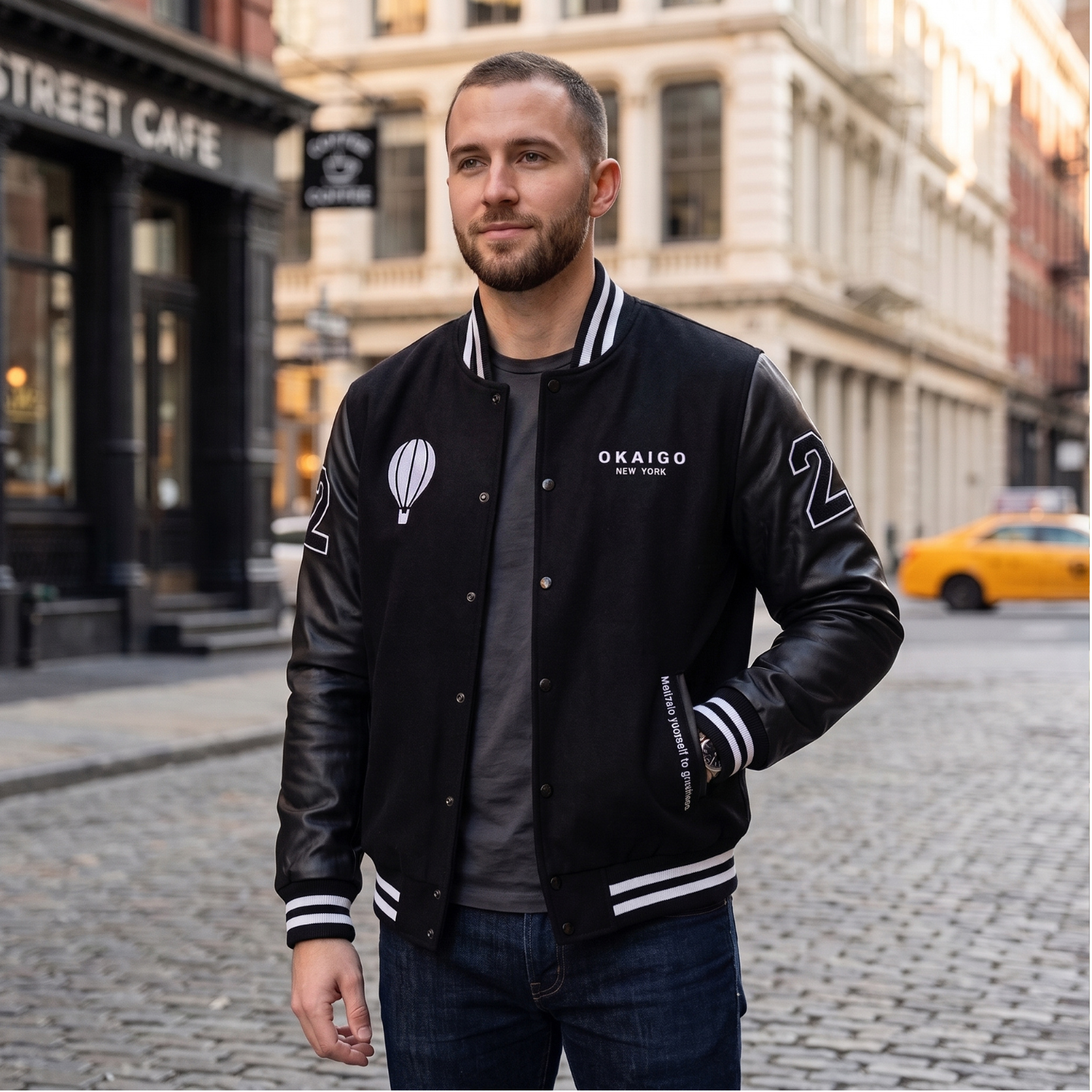 Black leather sleeve global letterman jacket