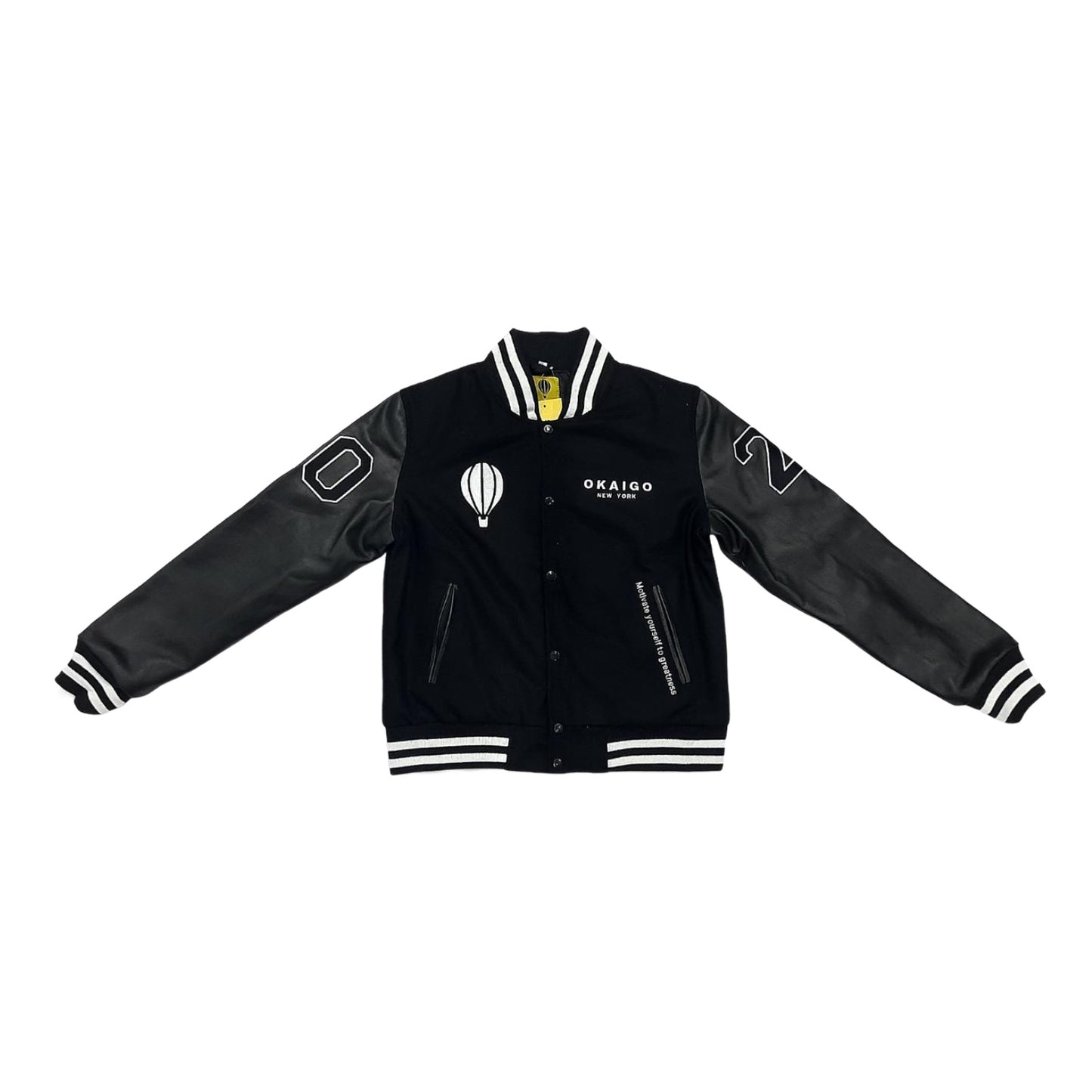 Black leather sleeve global letterman jacket