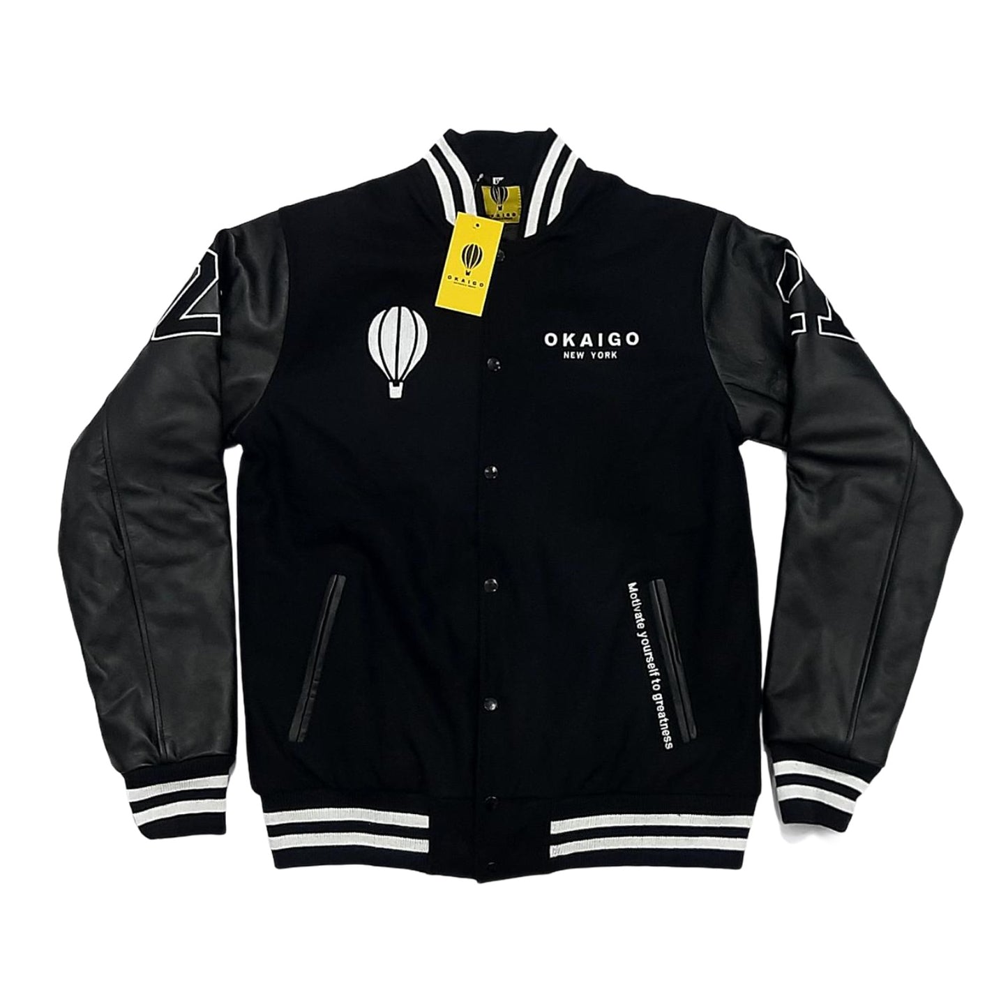 Black leather sleeve global letterman jacket